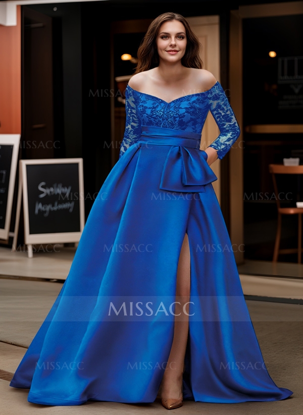 A-Line Off-The-Shoulder 3/4 Sleeves Sweep Train Lace/Satin Evening Dresses With Split Front