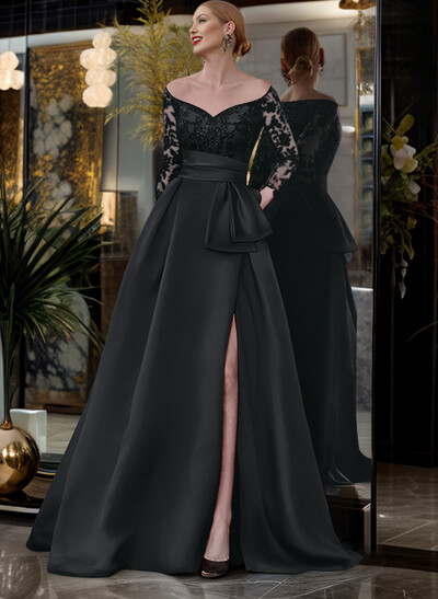 A-Line Off-The-Shoulder 3/4 Sleeves Sweep Train Lace/Satin Evening Dresses With Split Front