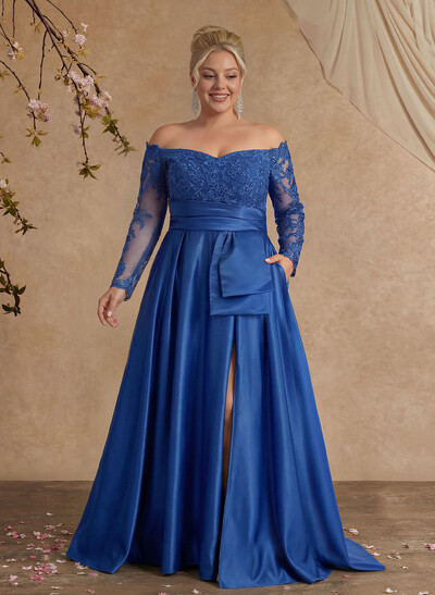 A-Line Off-The-Shoulder 3/4 Sleeves Sweep Train Lace/Satin Evening Dresses With Split Front