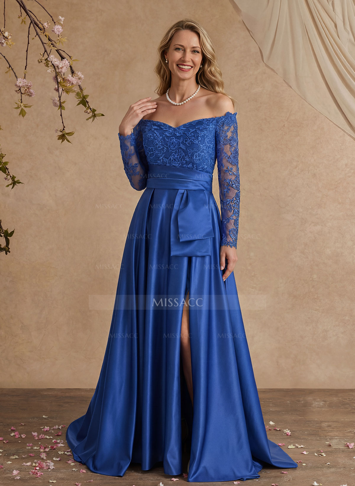 A-Line Off-The-Shoulder 3/4 Sleeves Sweep Train Lace/Satin Evening Dresses With Split Front