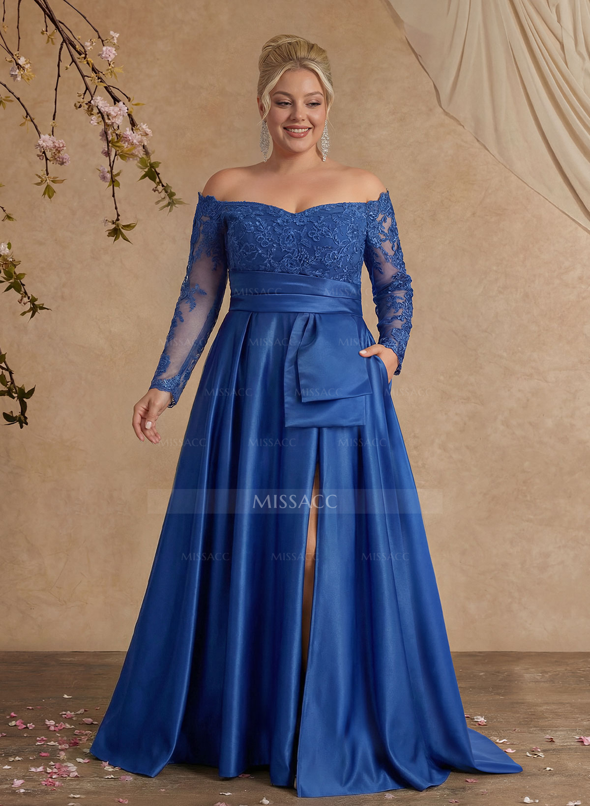 A-Line Off-The-Shoulder 3/4 Sleeves Sweep Train Lace/Satin Evening Dresses With Split Front