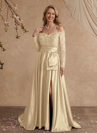 A-Line Off-The-Shoulder 3/4 Sleeves Sweep Train Lace/Satin Evening Dresses With Split Front