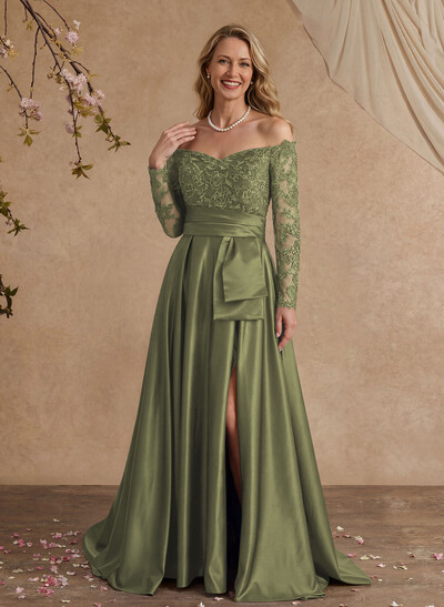 A-Line Off-The-Shoulder 3/4 Sleeves Sweep Train Lace/Satin Evening Dresses With Split Front