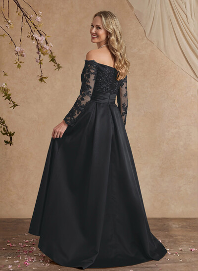 A-Line Off-The-Shoulder 3/4 Sleeves Sweep Train Lace/Satin Evening Dresses With Split Front