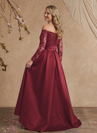 A-Line Off-The-Shoulder 3/4 Sleeves Sweep Train Lace/Satin Evening Dresses With Split Front
