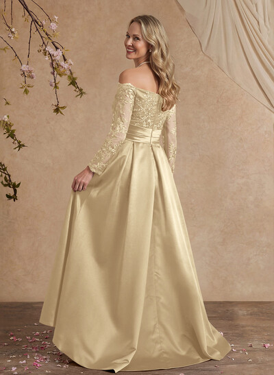 A-Line Off-The-Shoulder 3/4 Sleeves Sweep Train Lace/Satin Evening Dresses With Split Front