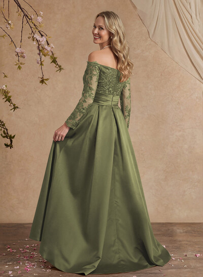 A-Line Off-The-Shoulder 3/4 Sleeves Sweep Train Lace/Satin Evening Dresses With Split Front