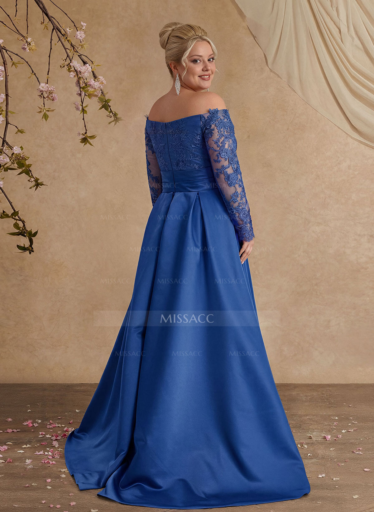 A-Line Off-The-Shoulder 3/4 Sleeves Sweep Train Lace/Satin Evening Dresses With Split Front