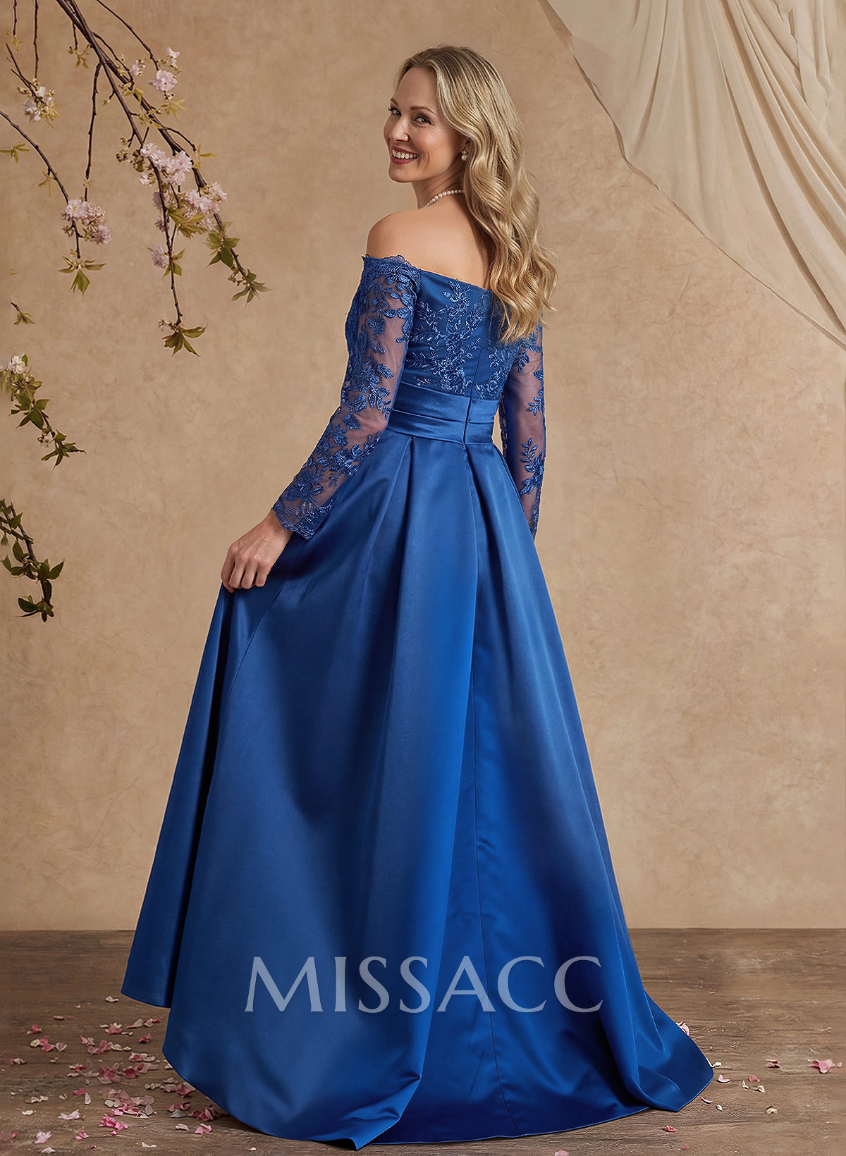 A-Line Off-The-Shoulder 3/4 Sleeves Sweep Train Lace/Satin Evening Dresses With Split Front A-Line Off-The-Shoulder 3/4 Sleeves Sweep Train Lace/Satin Evening Dresses With Split Front