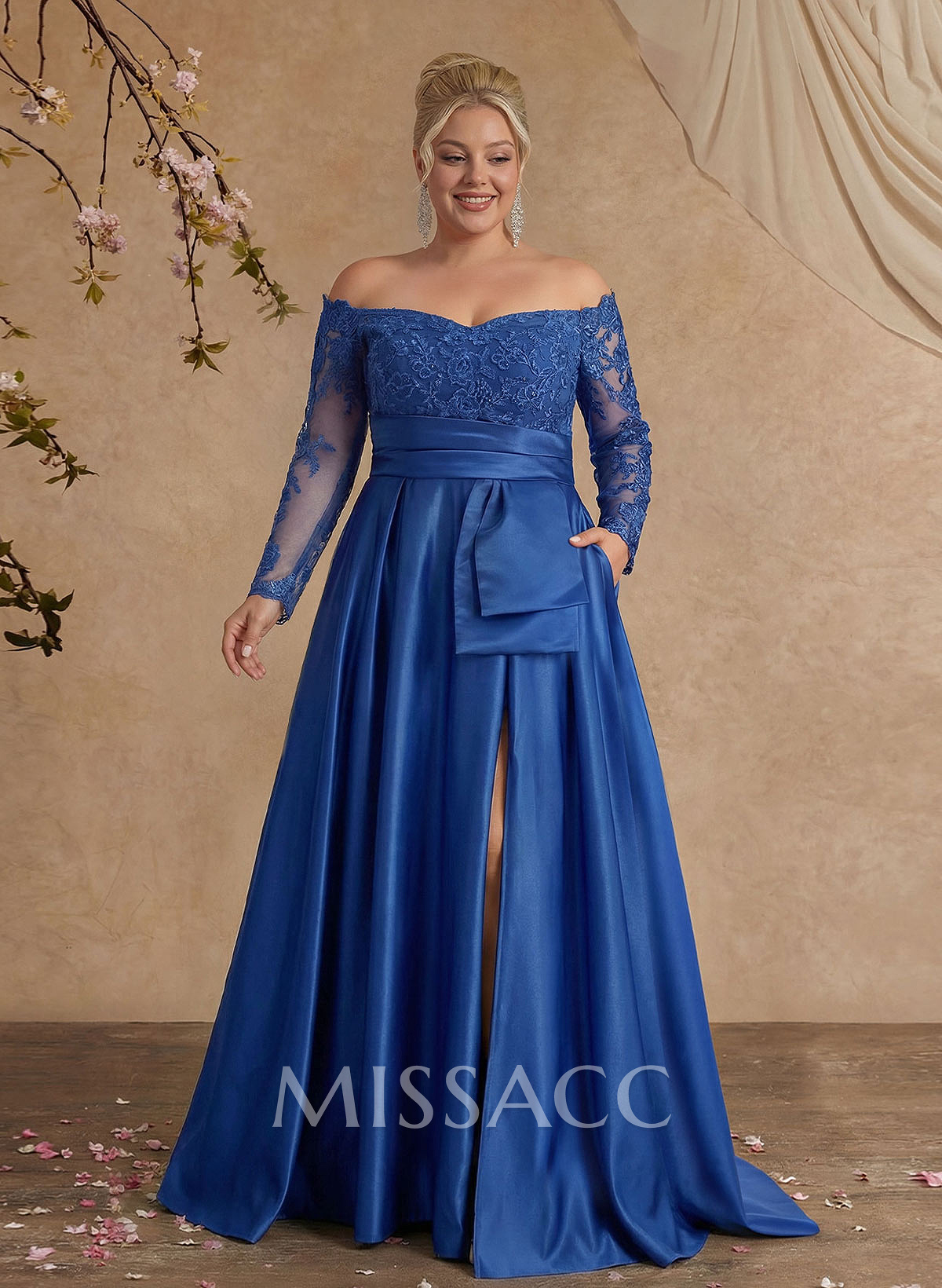 A-Line Off-The-Shoulder 3/4 Sleeves Sweep Train Lace/Satin Evening Dresses With Split Front A-Line Off-The-Shoulder 3/4 Sleeves Sweep Train Lace/Satin Evening Dresses With Split Front