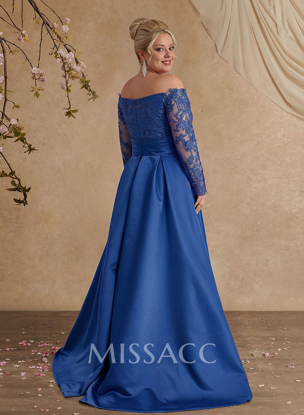 A-Line Off-The-Shoulder 3/4 Sleeves Sweep Train Lace/Satin Evening Dresses With Split Front A-Line Off-The-Shoulder 3/4 Sleeves Sweep Train Lace/Satin Evening Dresses With Split Front