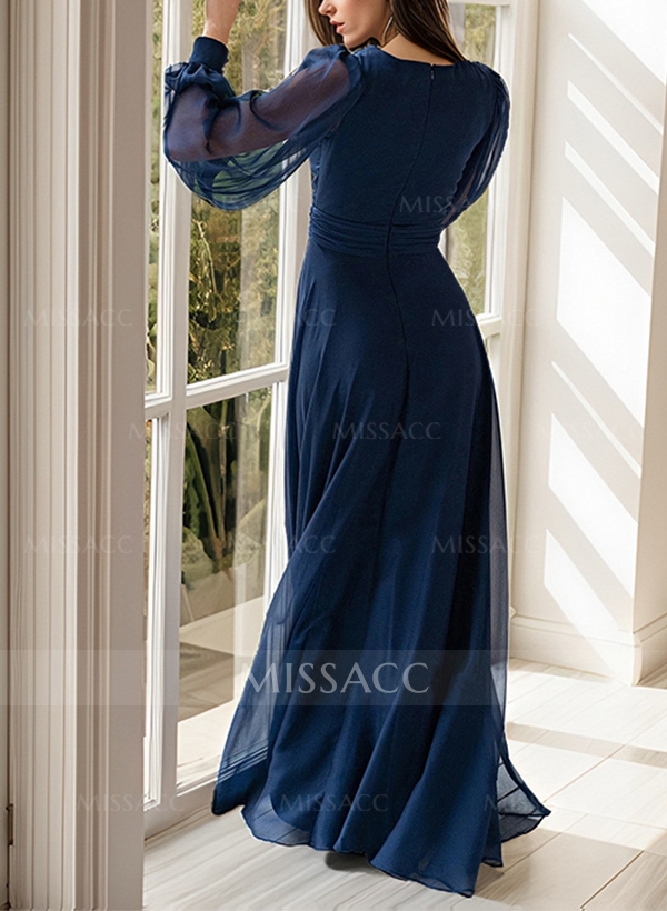 A-Line V-Neck Long Sleeves Floor-Length Chiffon Evening Dresses With Split Front