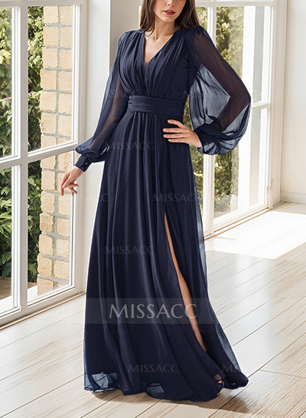 A-Line V-Neck Long Sleeves Floor-Length Chiffon Evening Dresses With Split Front