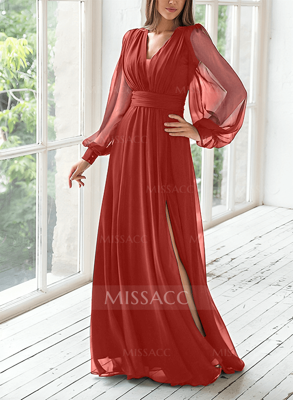 Corte A Escote en V Manga larga Hasta el suelo Gasa Vestidos de noche con  Parte delantera abierta