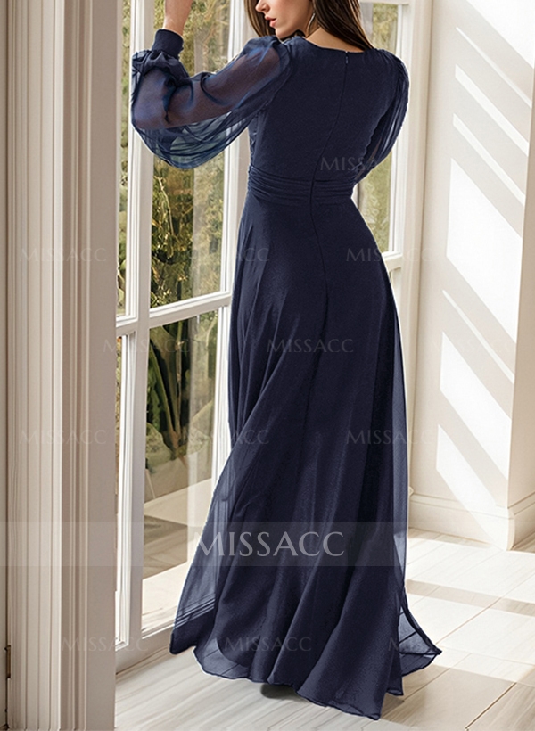 A-Line V-Neck Long Sleeves Floor-Length Chiffon Evening Dresses With Split Front