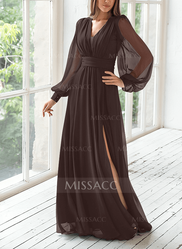 A-Line V-Neck Long Sleeves Floor-Length Chiffon Evening Dresses