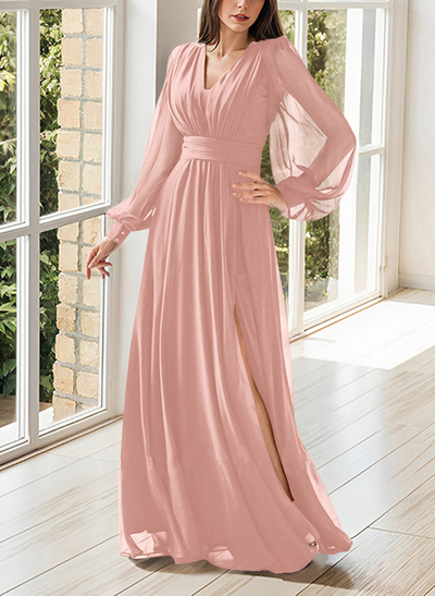 A-Line V-Neck Long Sleeves Floor-Length Chiffon Evening Dresses With Split Front