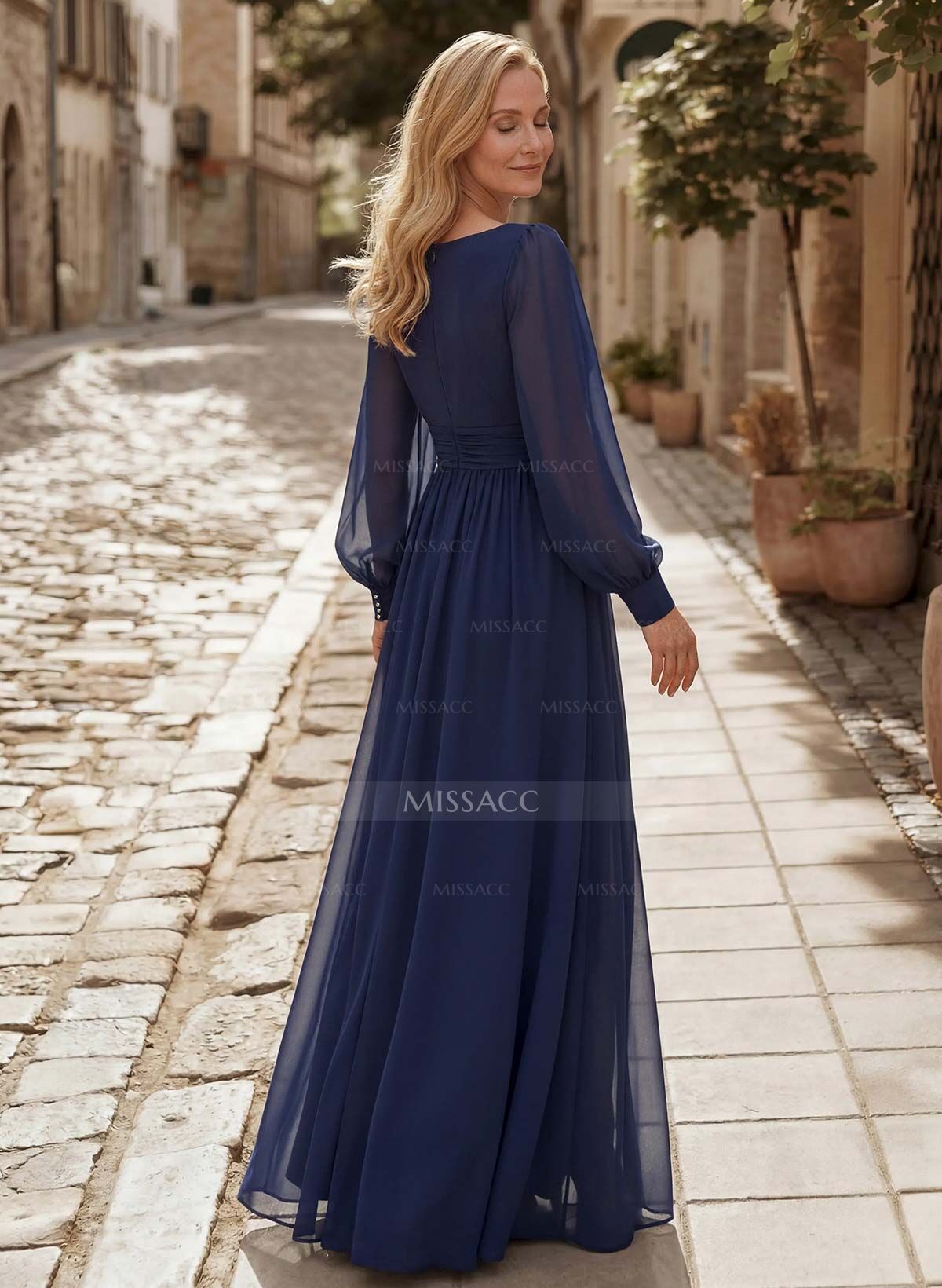 A-Line V-Neck Long Sleeves Floor-Length Chiffon Evening Dresses With Split Front