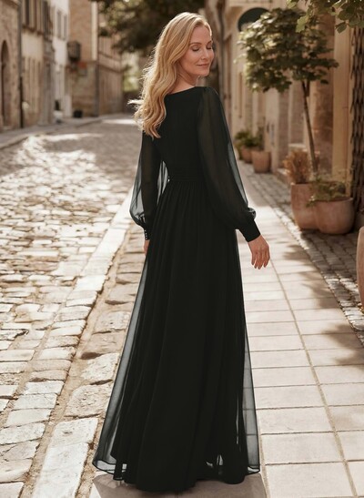 A-Line V-Neck Long Sleeves Floor-Length Chiffon Evening Dresses With Split Front