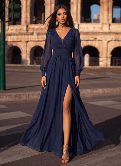 A-Line V-Neck Long Sleeves Floor-Length Chiffon Evening Dresses With Split Front