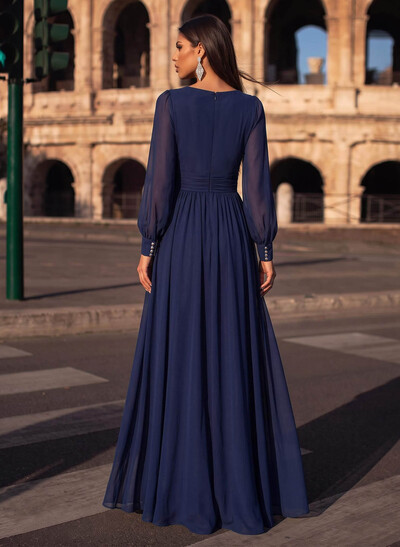 A-Line V-Neck Long Sleeves Floor-Length Chiffon Evening Dresses With Split Front
