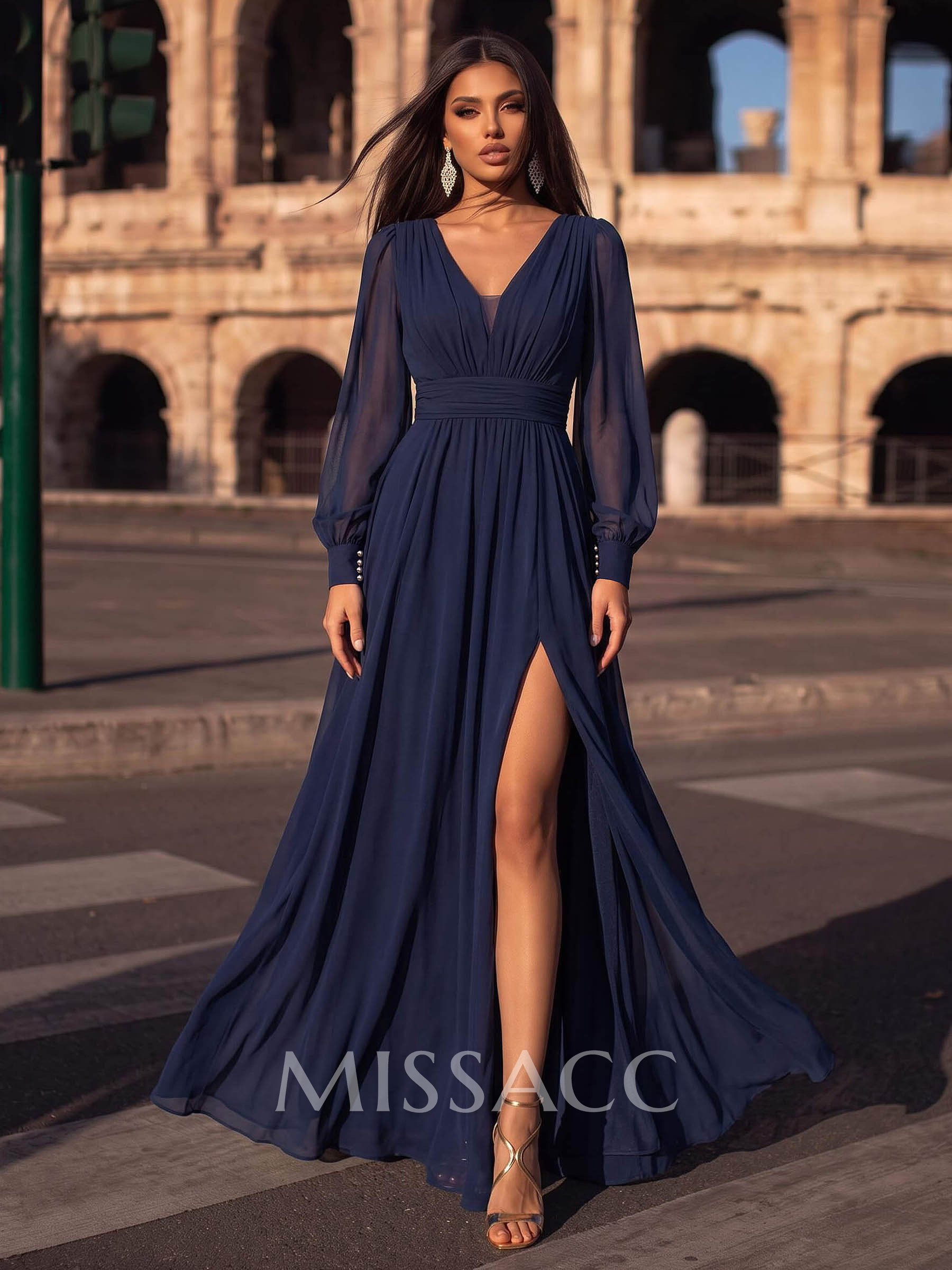 A-Line V-Neck Long Sleeves Floor-Length Chiffon Evening Dresses With Split Front