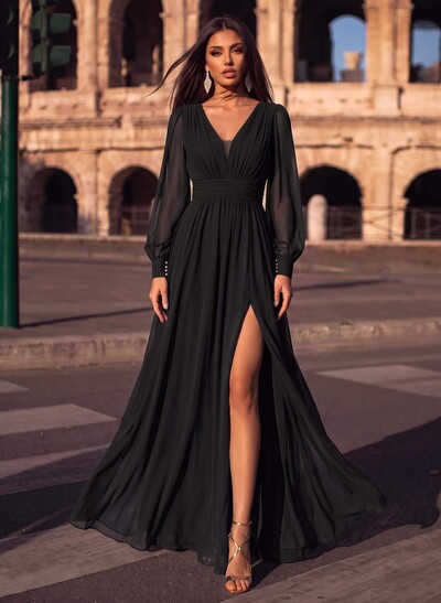 A-Line V-Neck Long Sleeves Floor-Length Chiffon Evening Dresses With Split Front
