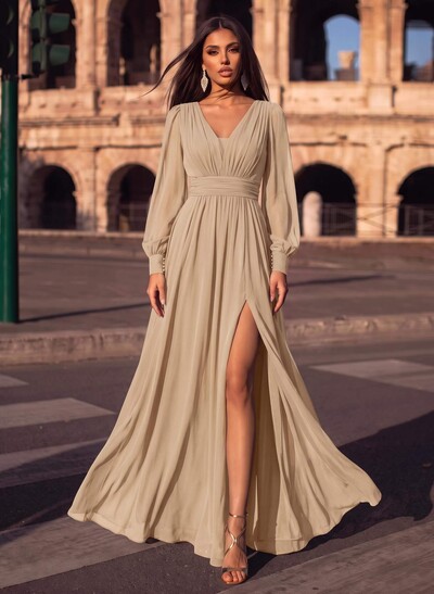 A-Line V-Neck Long Sleeves Floor-Length Chiffon Evening Dresses With Split Front