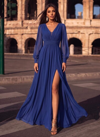 A-Line V-Neck Long Sleeves Floor-Length Chiffon Evening Dresses With Split Front