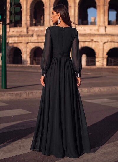 A-Line V-Neck Long Sleeves Floor-Length Chiffon Evening Dresses With Split Front