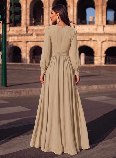 A-Line V-Neck Long Sleeves Floor-Length Chiffon Evening Dresses With Split Front