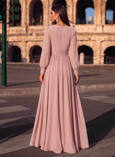 A-Line V-Neck Long Sleeves Floor-Length Chiffon Evening Dresses With Split Front