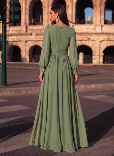 A-Line V-Neck Long Sleeves Floor-Length Chiffon Evening Dresses With Split Front