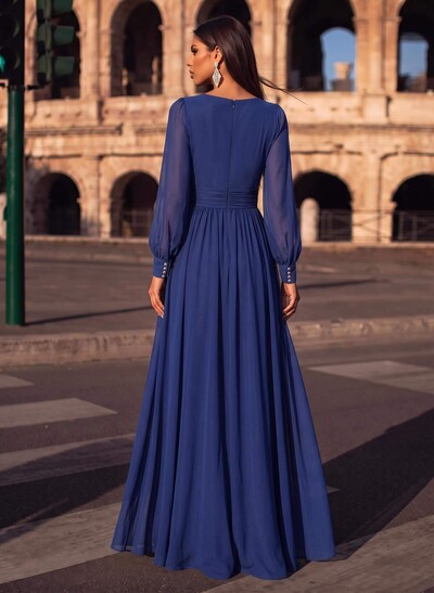 A-Line V-Neck Long Sleeves Floor-Length Chiffon Evening Dresses With Split Front