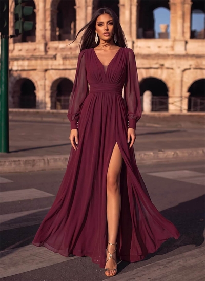 A-Line V-Neck Long Sleeves Floor-Length Chiffon Evening Dresses With Split Front
