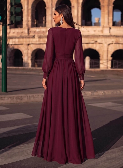 A-Line V-Neck Long Sleeves Floor-Length Chiffon Evening Dresses With Split Front
