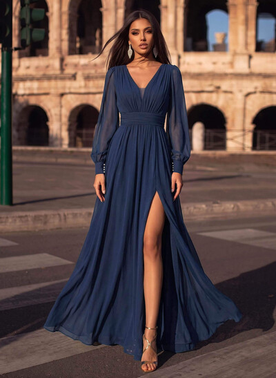 A-Line V-Neck Long Sleeves Floor-Length Chiffon Evening Dresses With Split Front