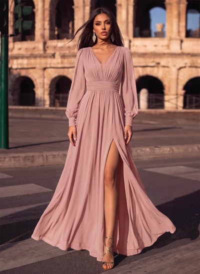 A-Line V-Neck Long Sleeves Floor-Length Chiffon Evening Dresses With Split Front