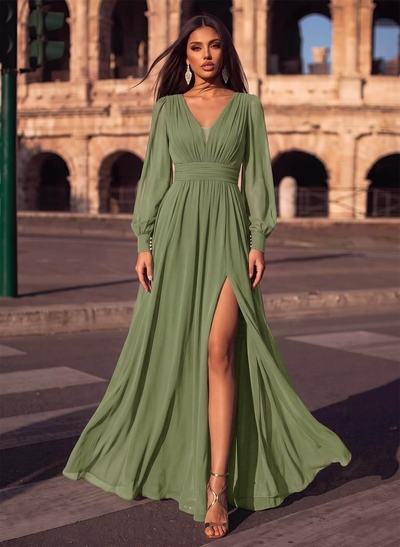A-Line V-Neck Long Sleeves Floor-Length Chiffon Evening Dresses With Split Front