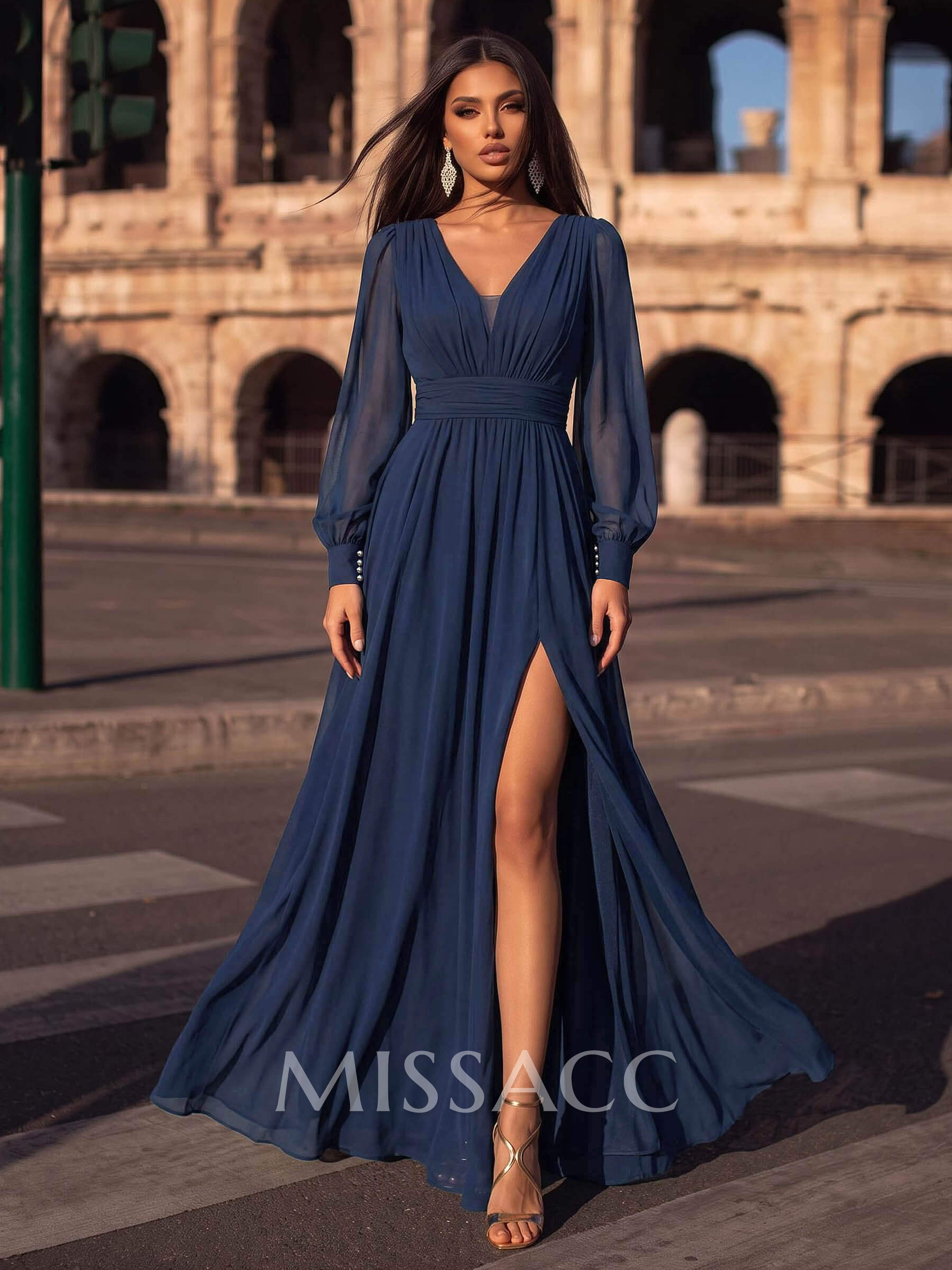 A-Line V-Neck Long Sleeves Floor-Length Chiffon Evening Dresses With Split Front