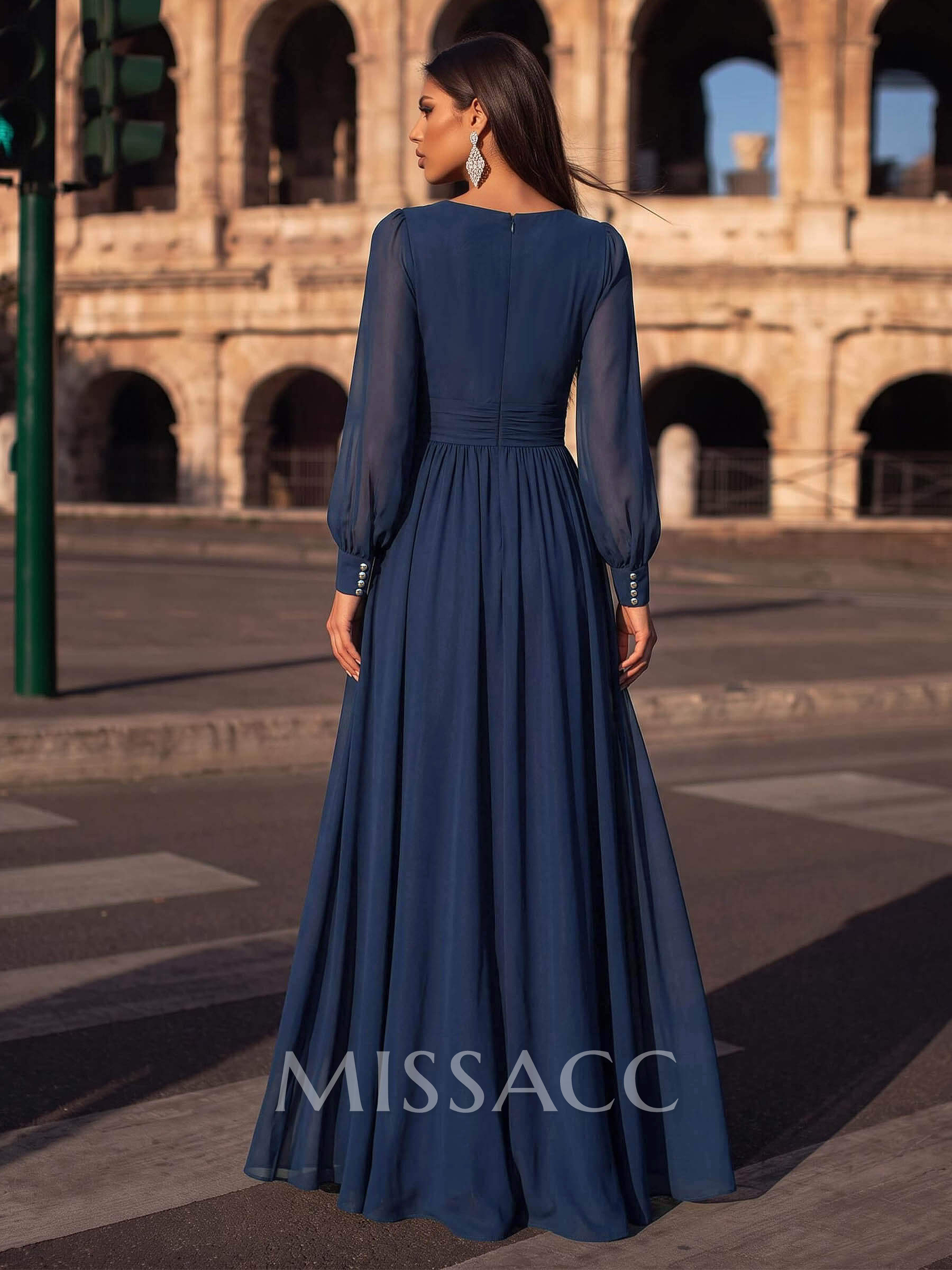 A-Line V-Neck Long Sleeves Floor-Length Chiffon Evening Dresses With Split Front