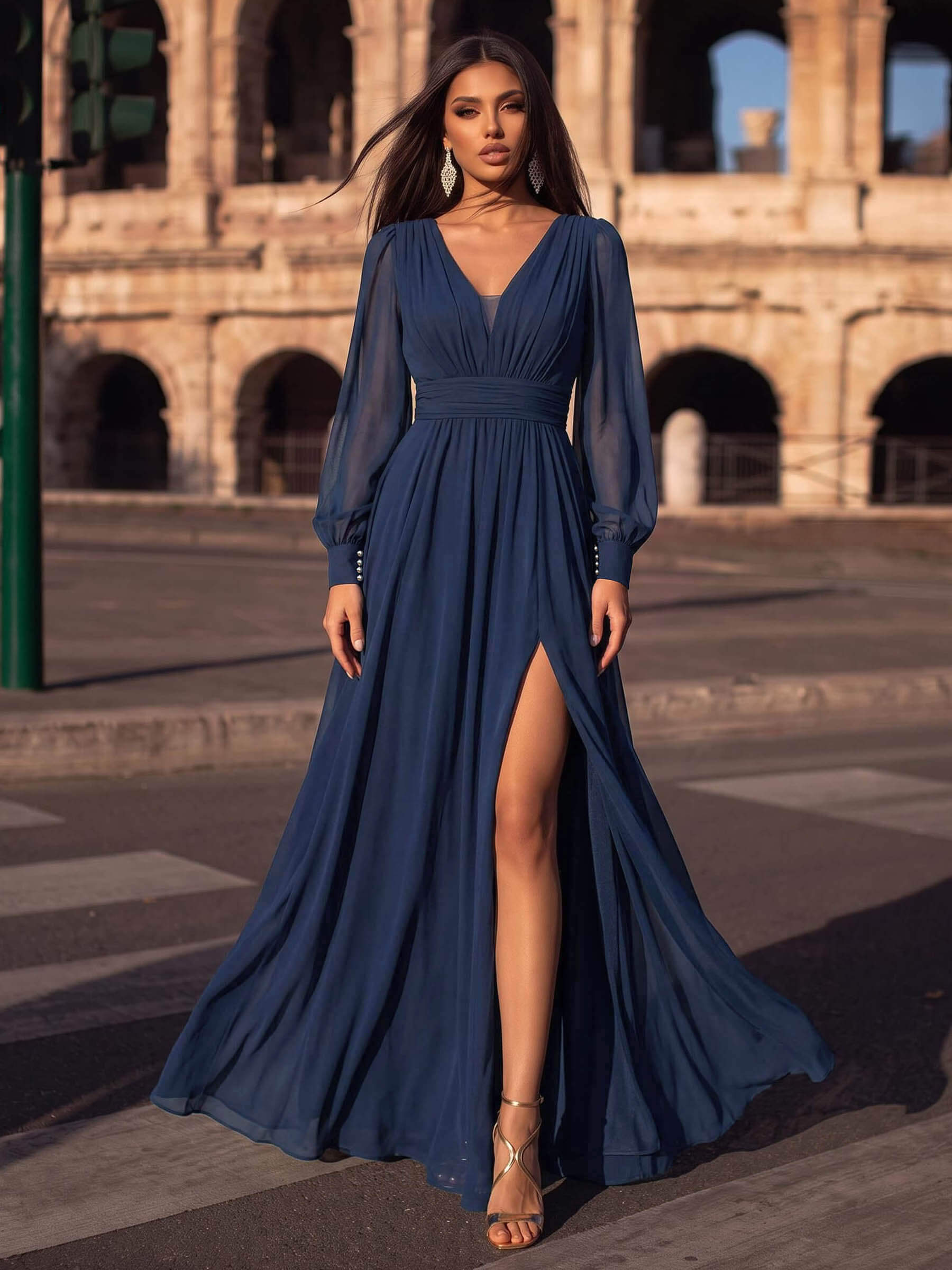 A-Line V-Neck Long Sleeves Floor-Length Chiffon Evening Dresses With Split Front