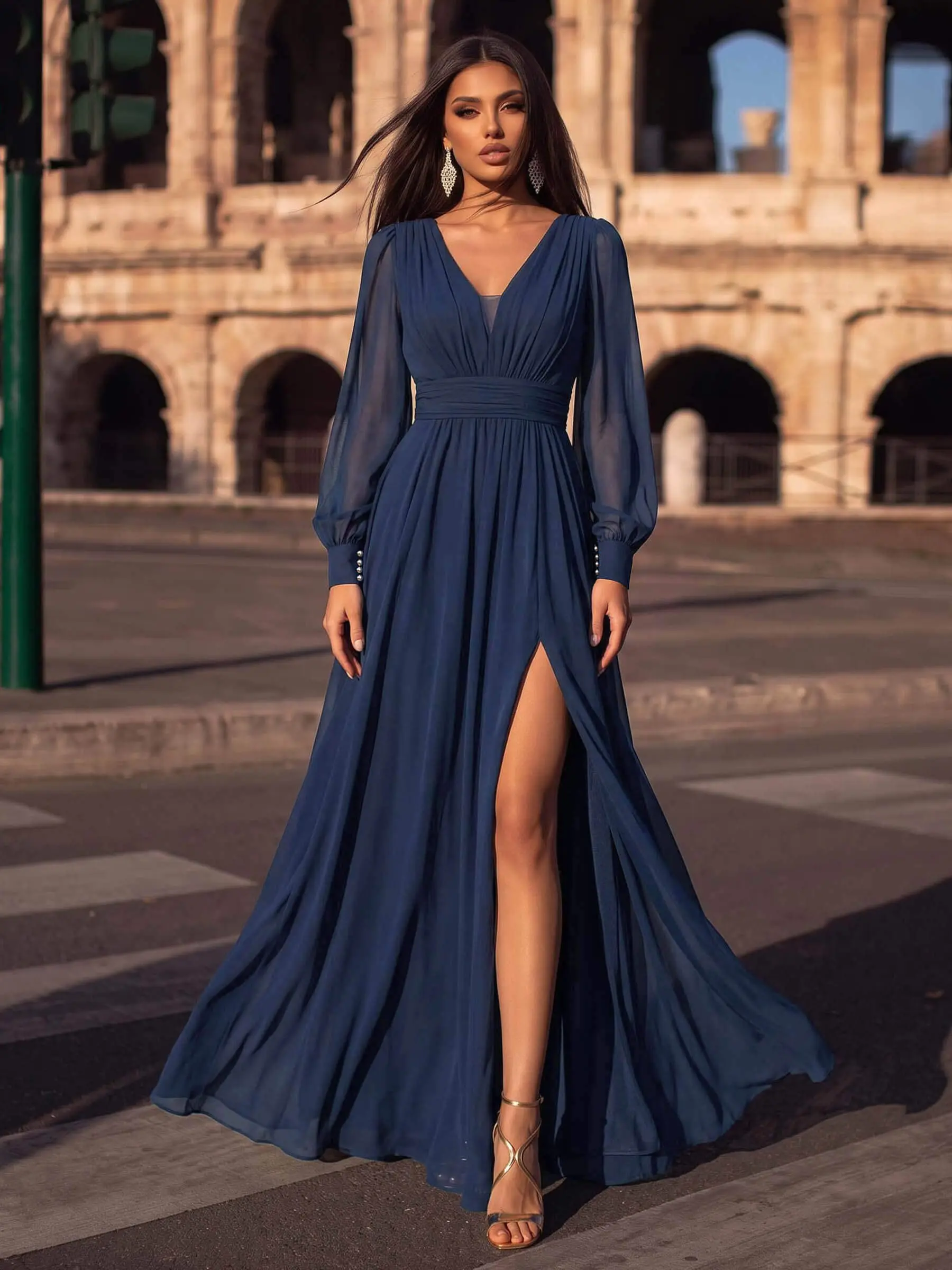 A-Line V-Neck Long Sleeves Floor-Length Chiffon Evening Dresses With Split Front