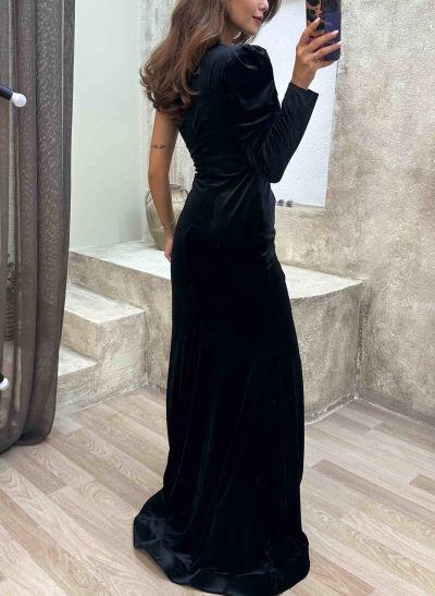Velvet Long Sleeves One-Shoulder Slit Evening Dresses