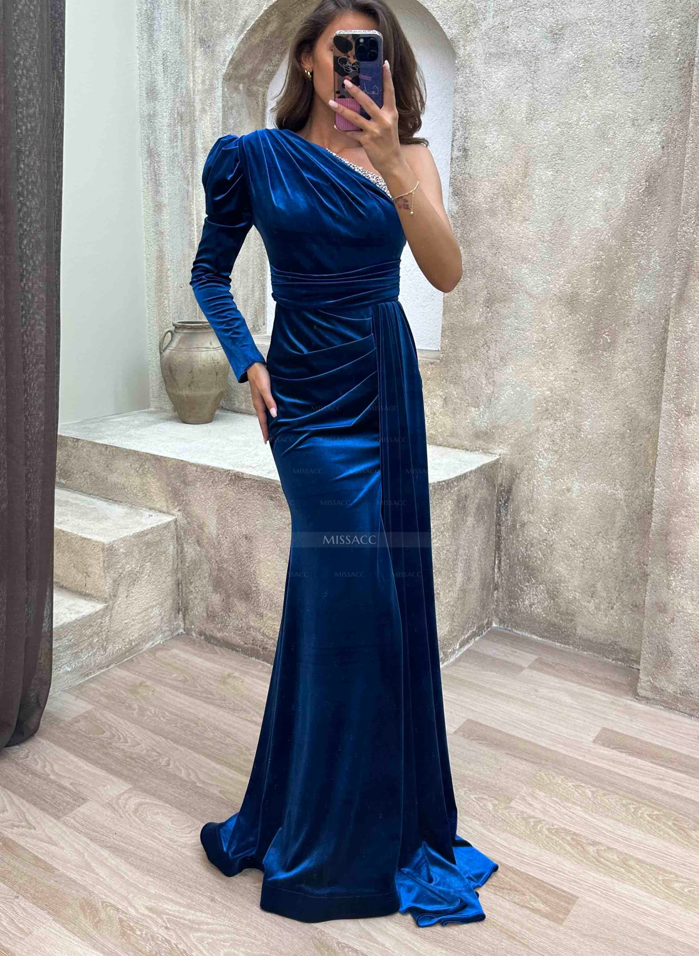 Velvet Long Sleeves One-Shoulder Slit Evening Dresses