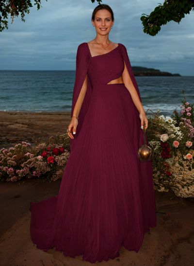 Simple Pleated Chiffon A-Line Asymmetrical Neck Evening Dresses With Cape