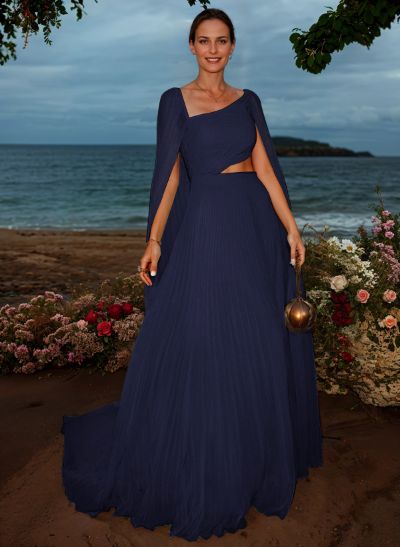 Simple Pleated Chiffon A-Line Asymmetrical Neck Evening Dresses With Cape
