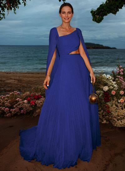 Simple Pleated Chiffon A-Line Asymmetrical Neck Evening Dresses With Cape