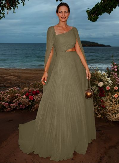 Simple Pleated Chiffon A-Line Asymmetrical Neck Evening Dresses With Cape