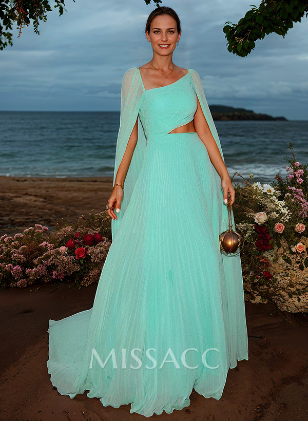 Simple Pleated Chiffon A-Line Asymmetrical Neck Evening Dresses With Cape